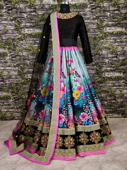 Tulsi Art Beautiful Blue Floral Printed Silk Wedding Lehenga Choli With Dupatta