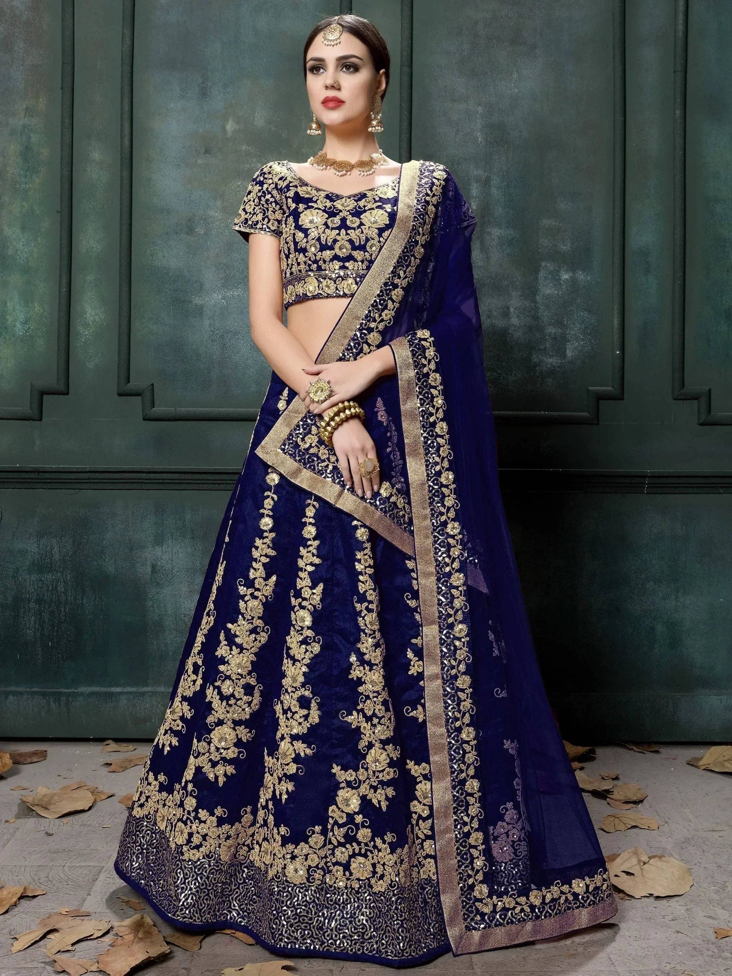Tulsi Art Navy Blue Applique Embroidery Silk Wedding Lehenga Choli