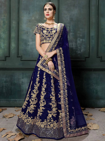 Tulsi Art Navy Blue Applique Embroidery Silk Wedding Lehenga Choli
