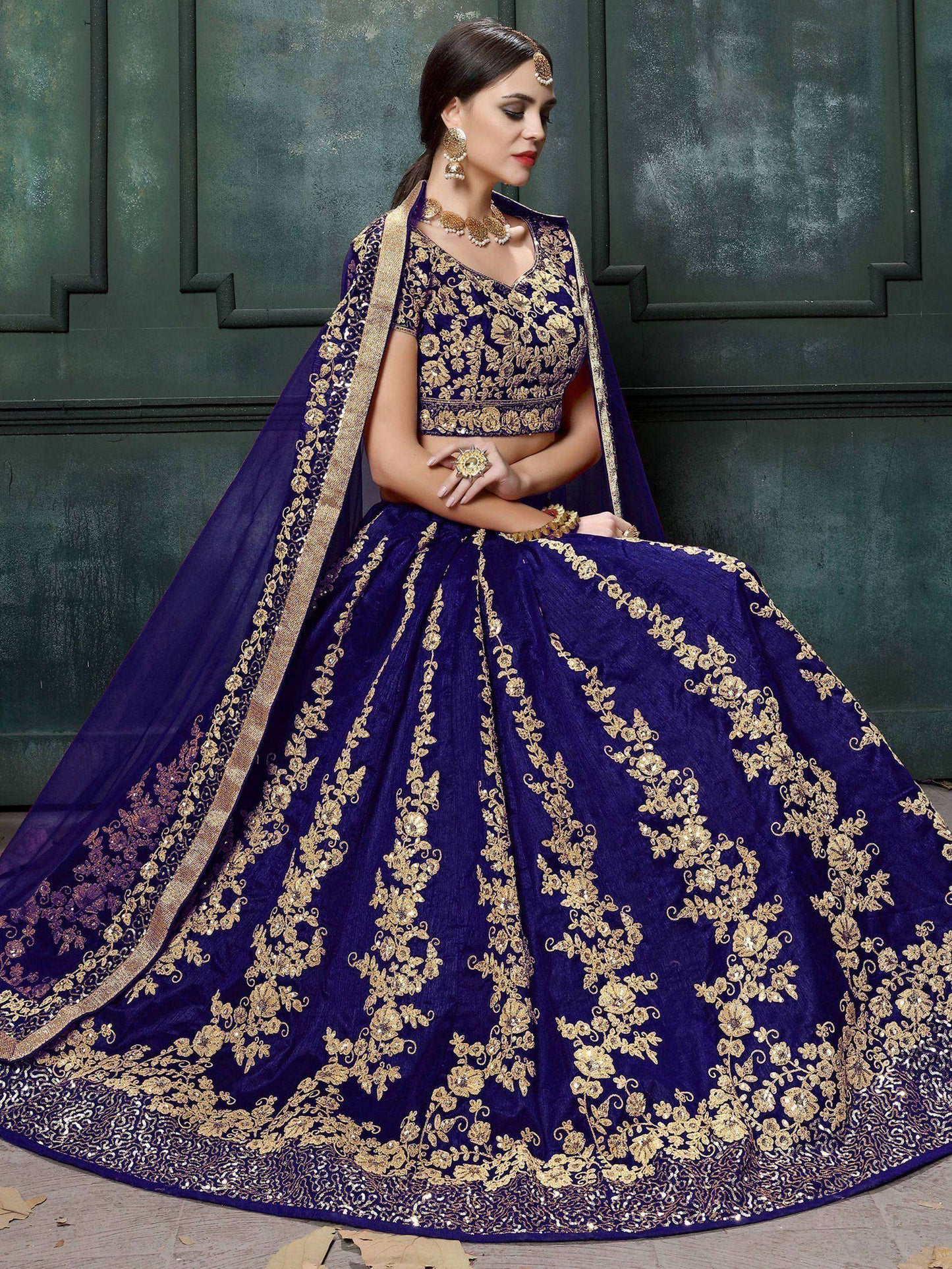 Tulsi Art Navy Blue Applique Embroidery Silk Wedding Lehenga Choli