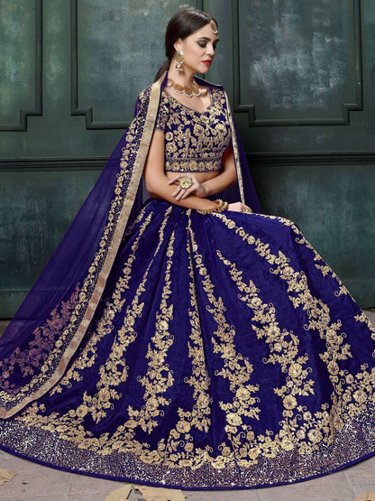 Tulsi Art Navy Blue Applique Embroidery Silk Wedding Lehenga Choli