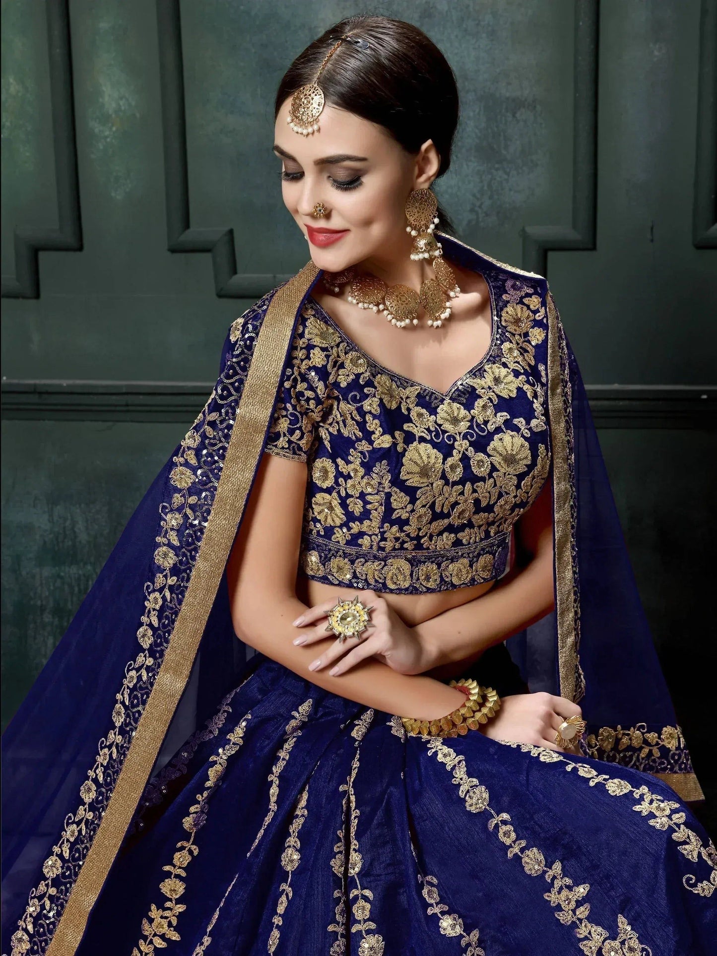 Tulsi Art Navy Blue Applique Embroidery Silk Wedding Lehenga Choli