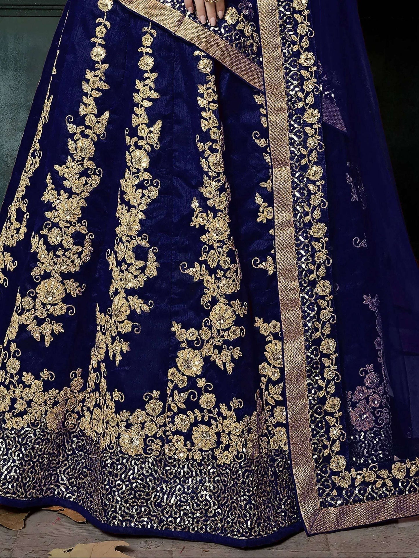 Tulsi Art Navy Blue Applique Embroidery Silk Wedding Lehenga Choli
