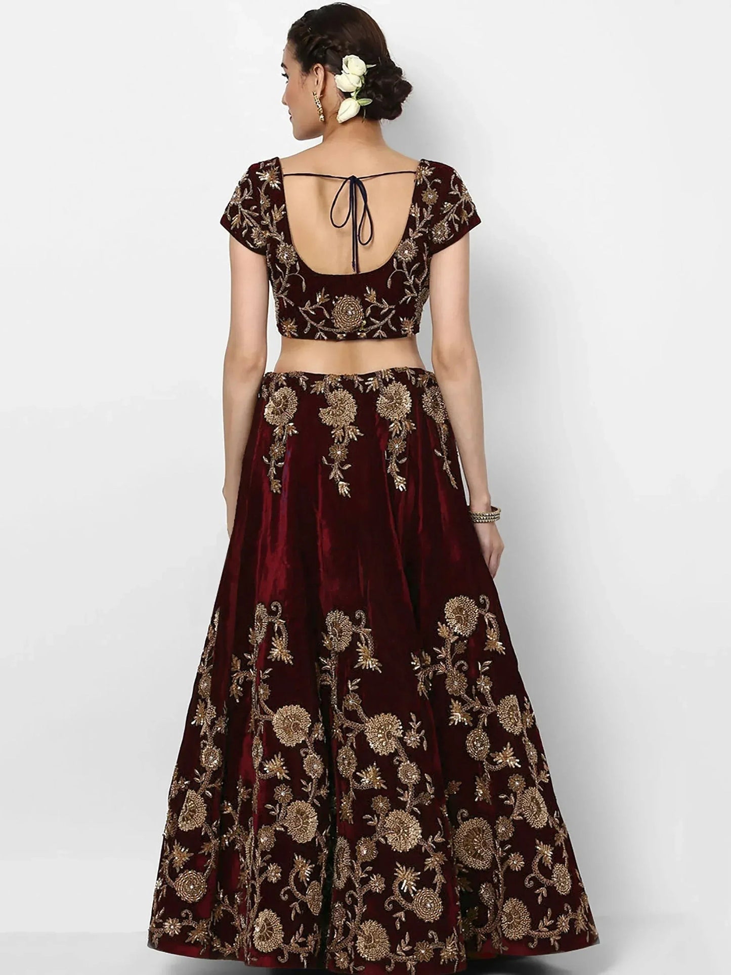 Tulsi Art Maroon Embroidered Velvet Bridal Lehenga Choli With Light Peach Dupatta