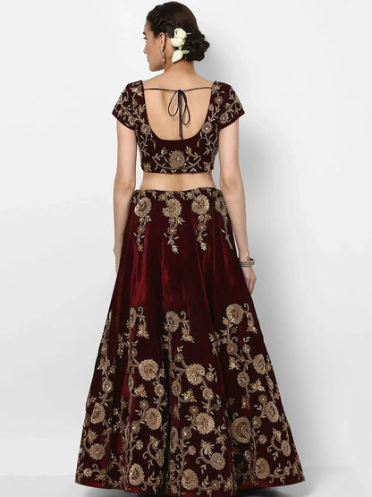 Tulsi Art Maroon Embroidered Velvet Bridal Lehenga Choli With Light Peach Dupatta