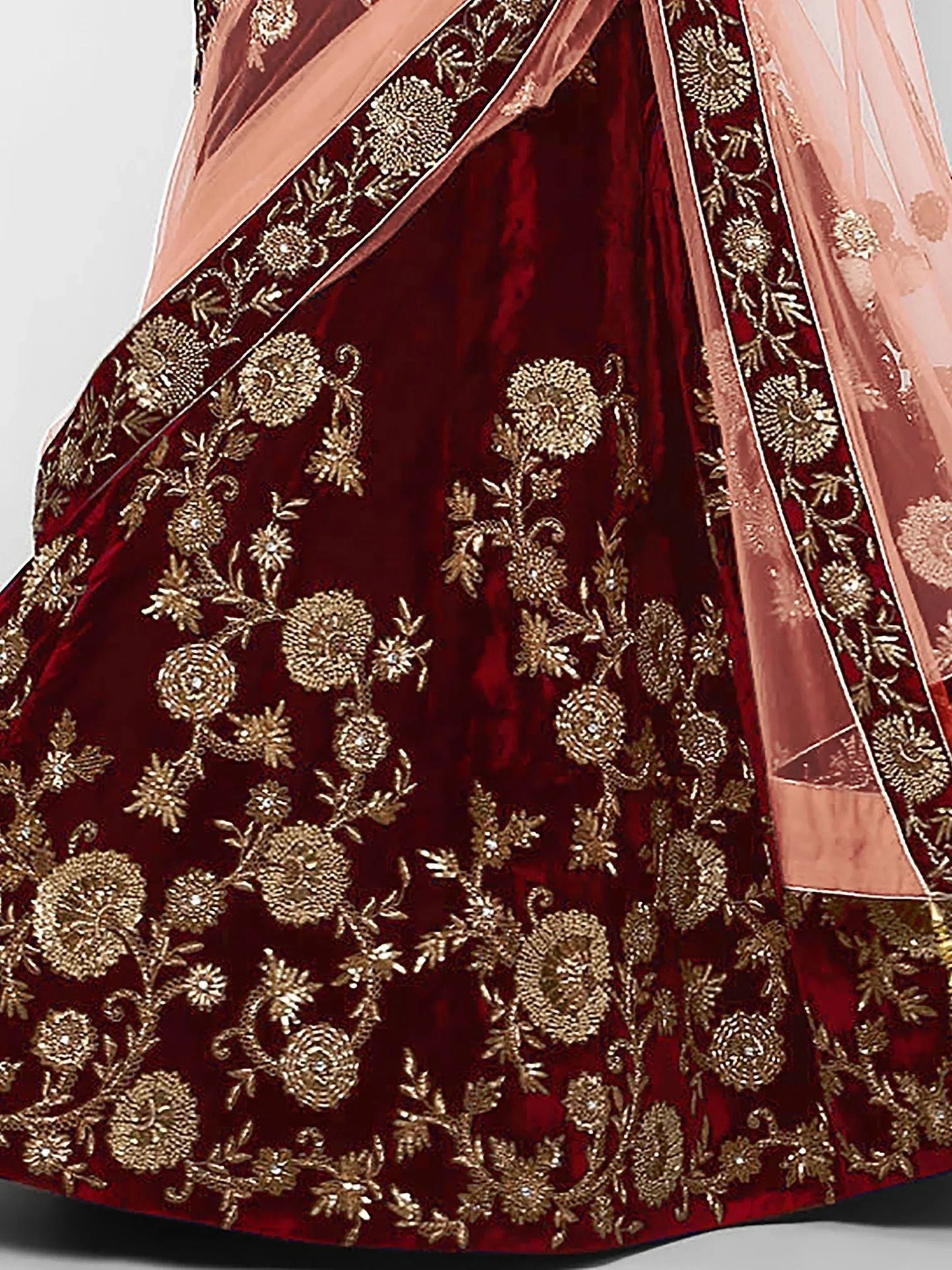 Tulsi Art Maroon Embroidered Velvet Bridal Lehenga Choli With Light Peach Dupatta