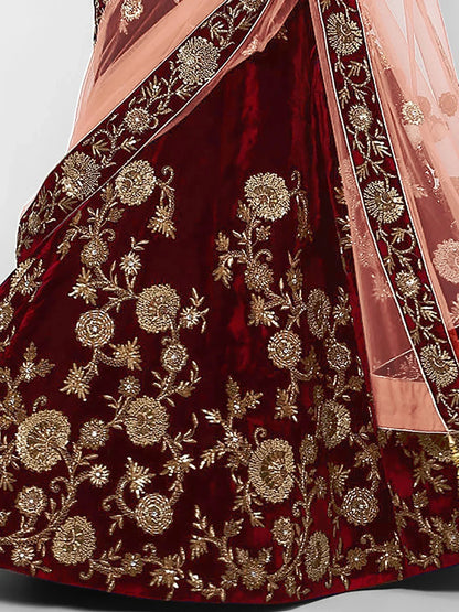 Tulsi Art Maroon Embroidered Velvet Bridal Lehenga Choli With Light Peach Dupatta