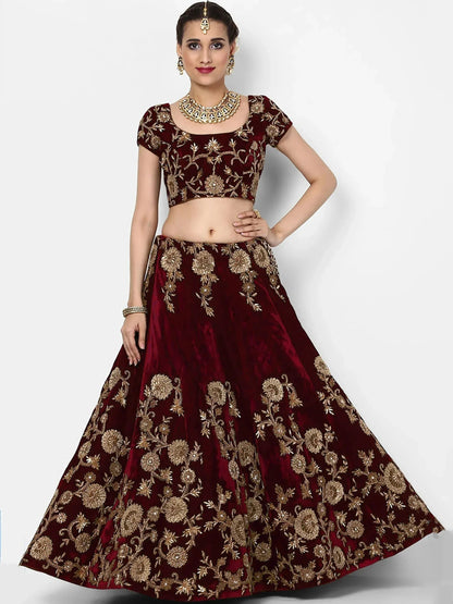 Tulsi Art Maroon Embroidered Velvet Bridal Lehenga Choli With Light Peach Dupatta