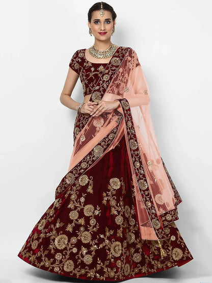Tulsi Art Maroon Embroidered Velvet Bridal Lehenga Choli With Light Peach Dupatta