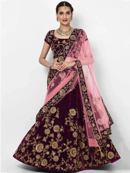 Tulsi Art Purple Embroidered Velvet Bridal Lehenga Choli With Baby Pink Dupatta
