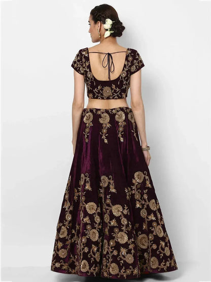 Tulsi Art Purple Embroidered Velvet Bridal Lehenga Choli With Baby Pink Dupatta