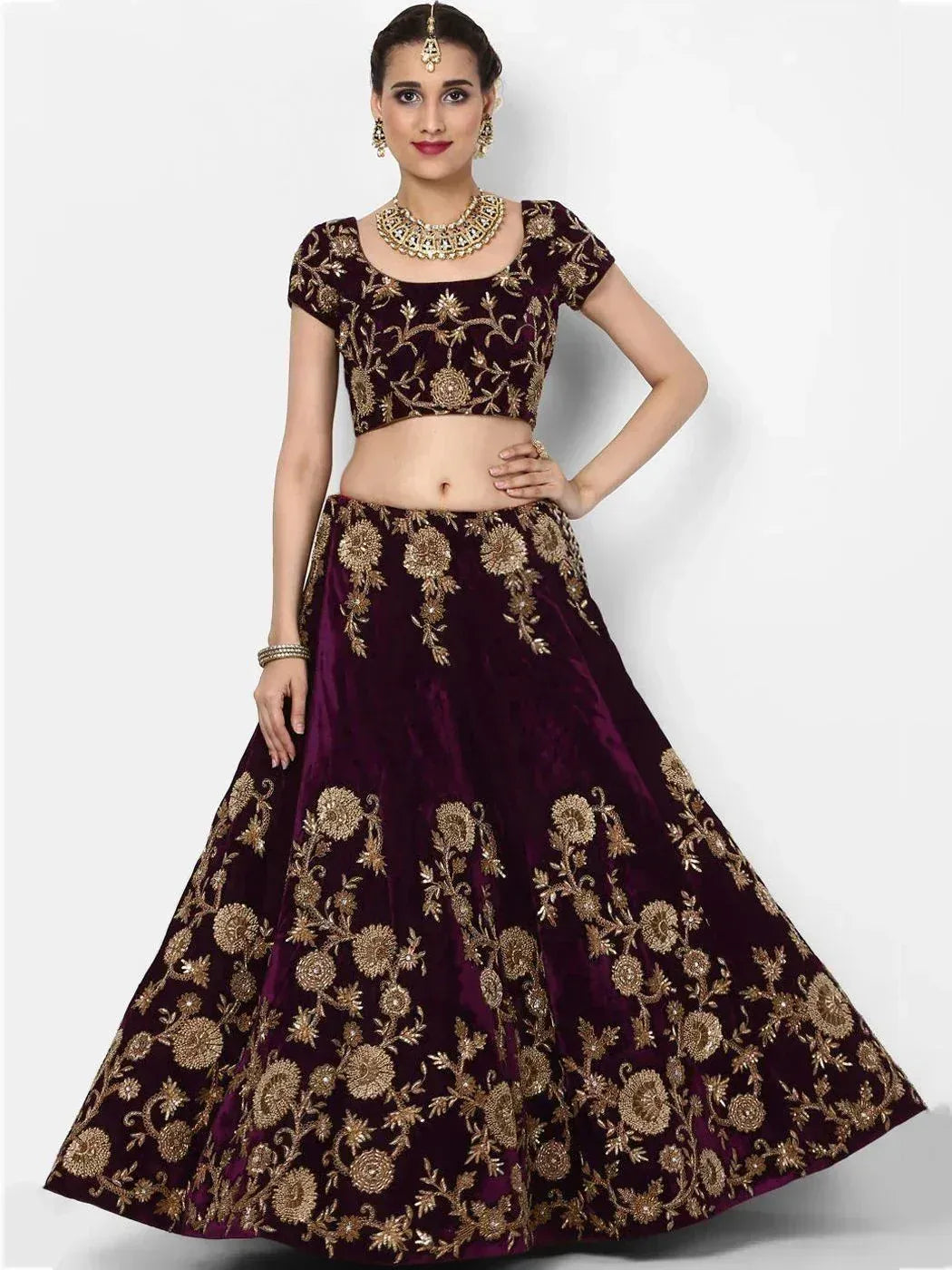Tulsi Art Purple Embroidered Velvet Bridal Lehenga Choli With Baby Pink Dupatta