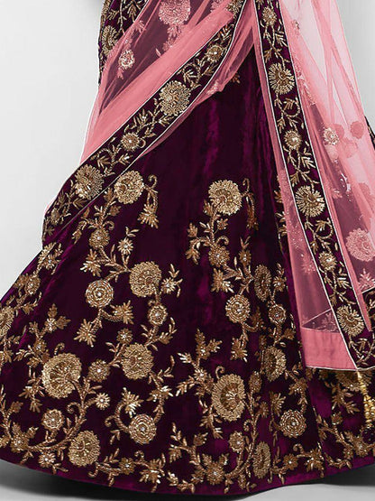Tulsi Art Purple Embroidered Velvet Bridal Lehenga Choli With Baby Pink Dupatta