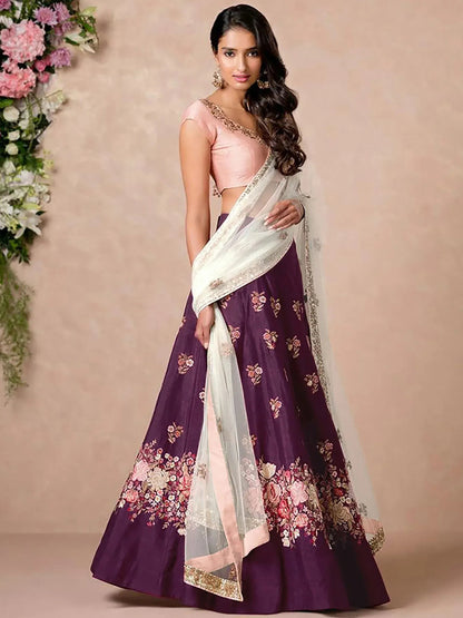 Tulsi Art Purple Dori Embroidered Silk Bridal Wedding Lehenga Choli
