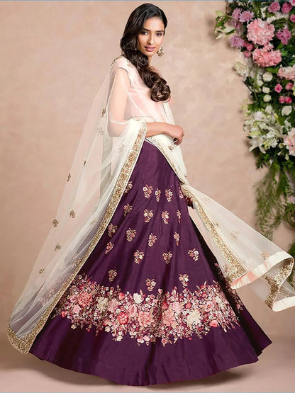 Tulsi Art Purple Dori Embroidered Silk Bridal Wedding Lehenga Choli
