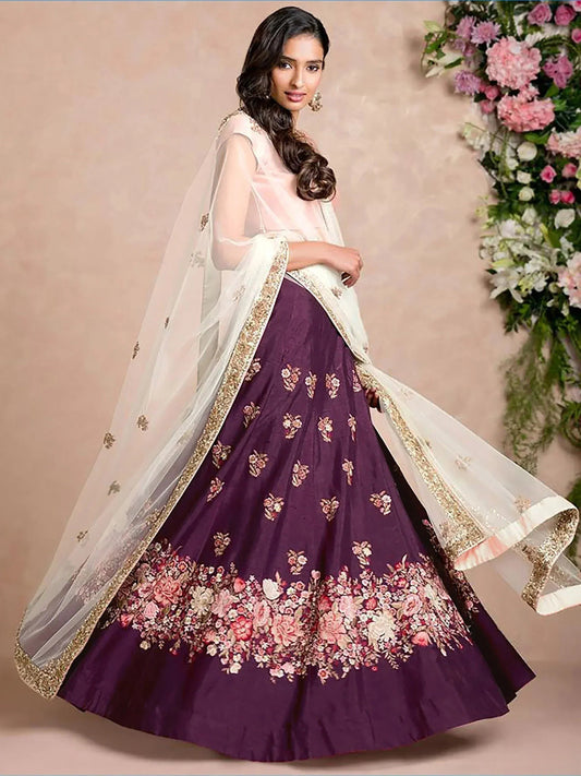 Tulsi Art Purple Dori Embroidered Silk Bridal Wedding Lehenga Choli