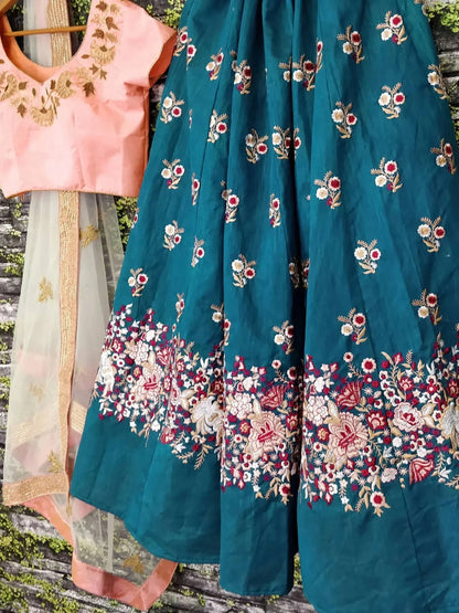 Tulsi Art Teal Blue Dori Embroidered Silk Bridal Wedding Lehenga Choli