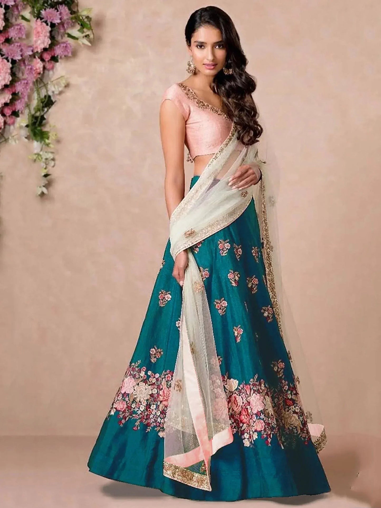 Tulsi Art Teal Blue Dori Embroidered Silk Bridal Wedding Lehenga Choli