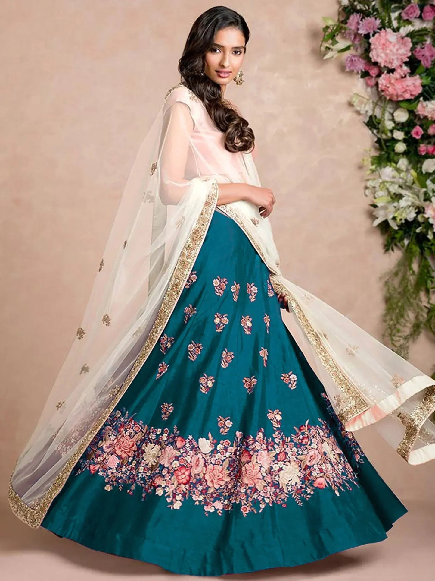 Tulsi Art Teal Blue Dori Embroidered Silk Bridal Wedding Lehenga Choli