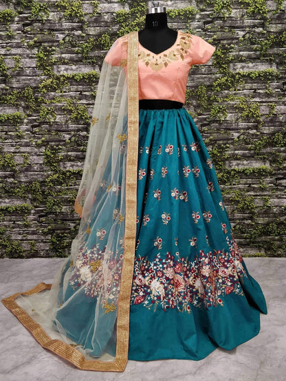 Tulsi Art Teal Blue Dori Embroidered Silk Bridal Wedding Lehenga Choli