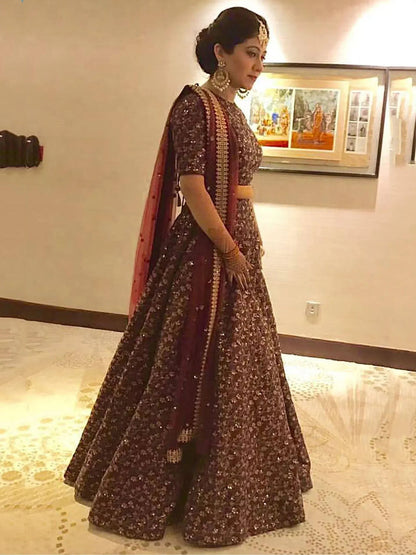 Tulsi Art Maroon Zari Embroidered Silk Bridal Lehenga Choli