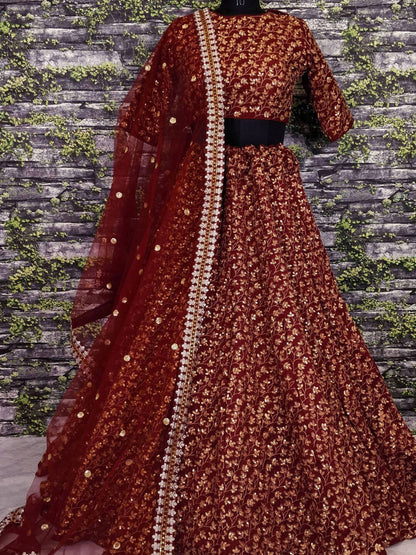 Tulsi Art Maroon Zari Embroidered Silk Bridal Lehenga Choli