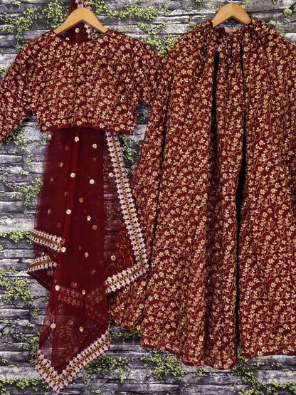 Tulsi Art Maroon Zari Embroidered Silk Bridal Lehenga Choli