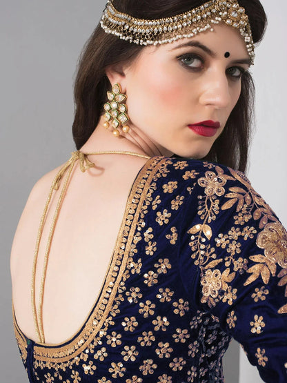 Tulsi Art Blue Embroidered Velvet Wedding Lehenga Choli With Dupatta