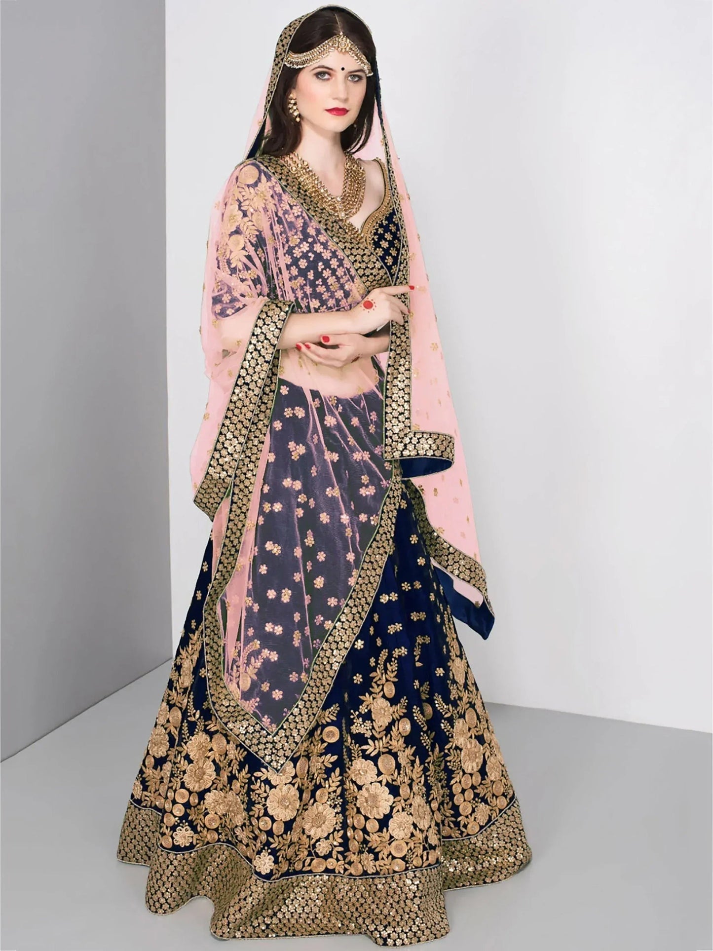 Tulsi Art Blue Embroidered Velvet Wedding Lehenga Choli With Dupatta