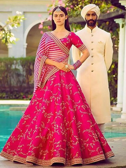 Tulsi Art Pink Embroidery Mulberry Silk Wedding Lehenga Choli