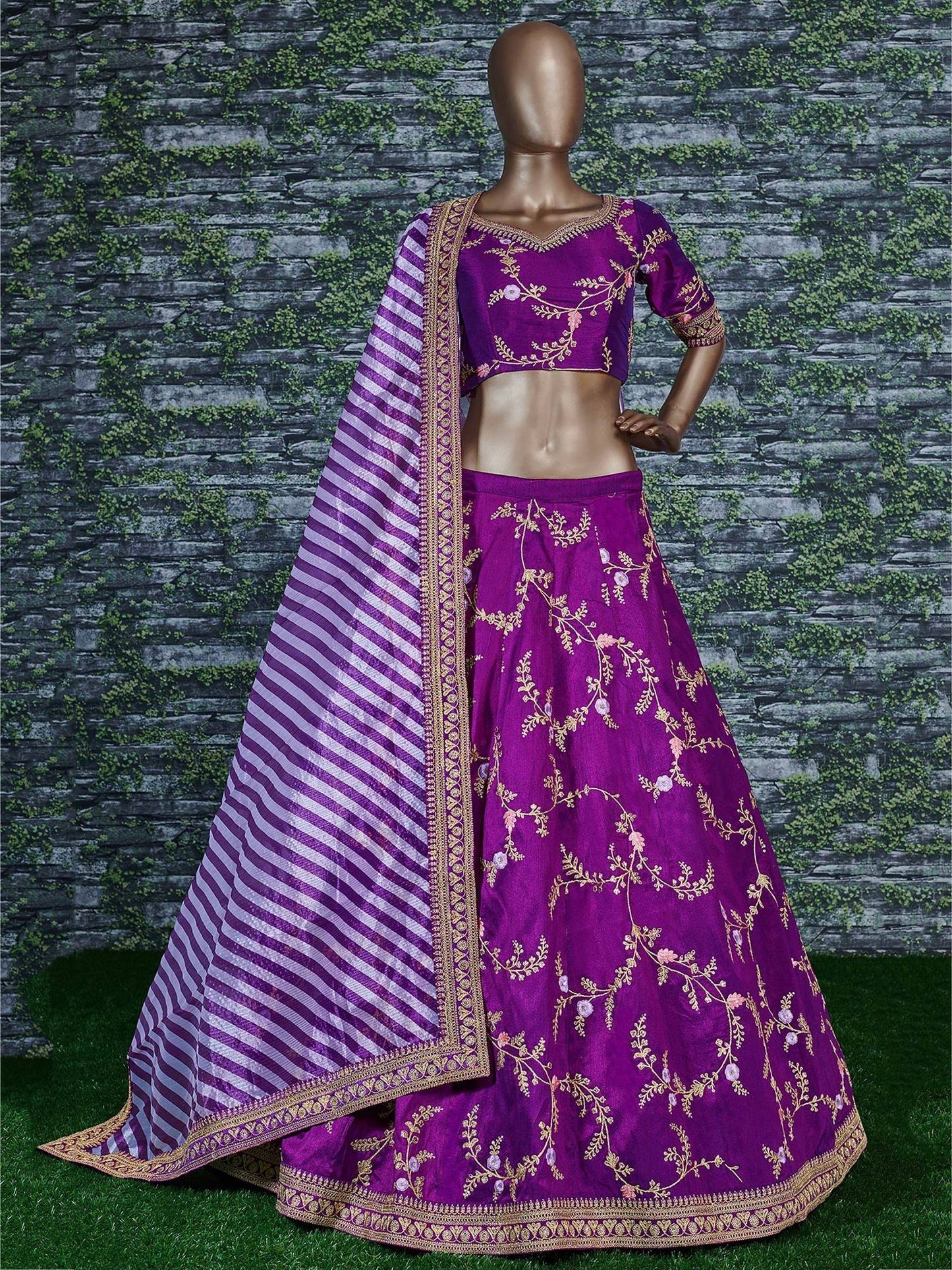 Tulsi Art Purple Embroidery Mulberry Silk Wedding Lehenga Choli