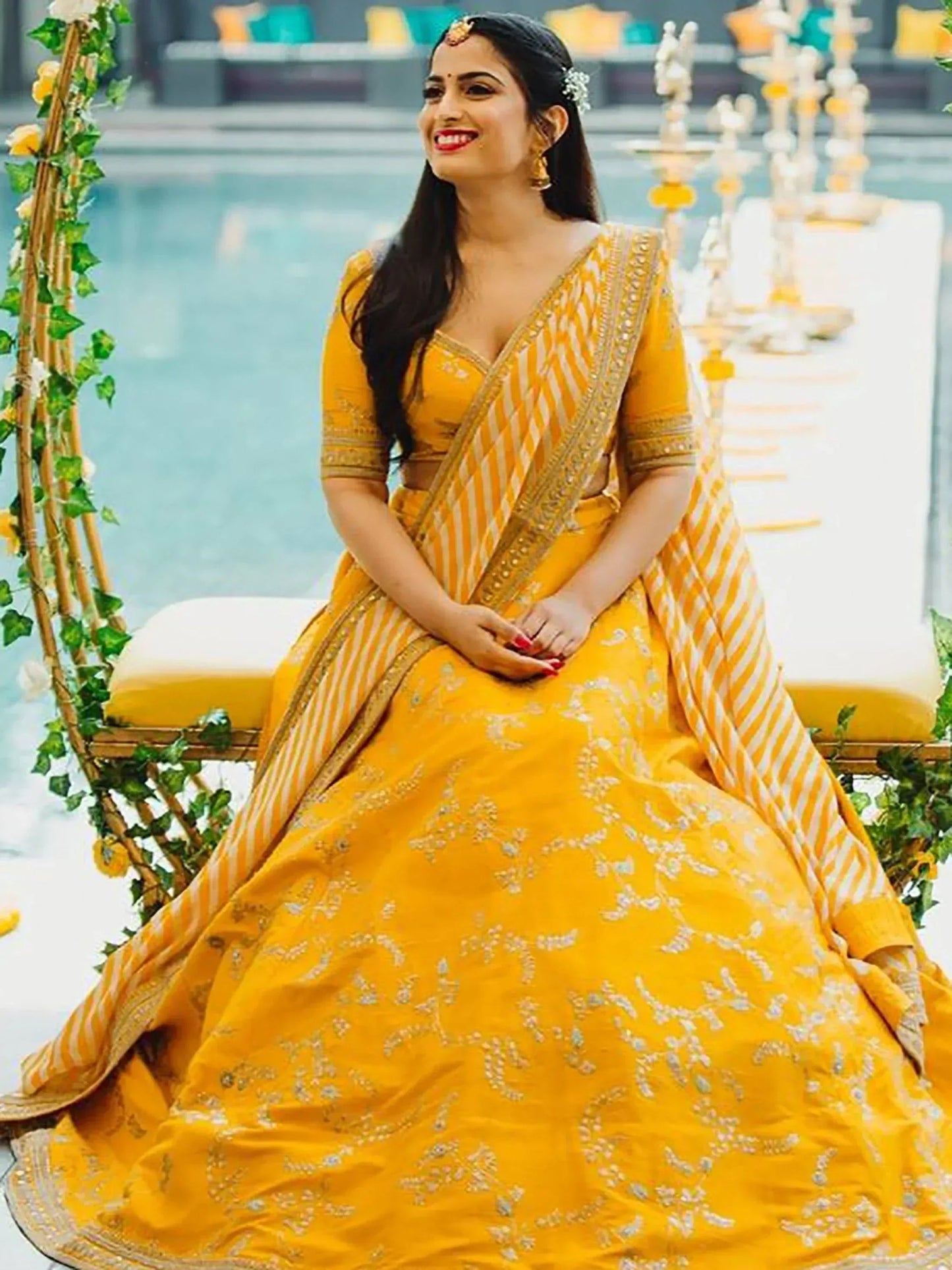 Tulsi Art Yellow Embroidery Mulberry Silk Wedding Lehenga Choli