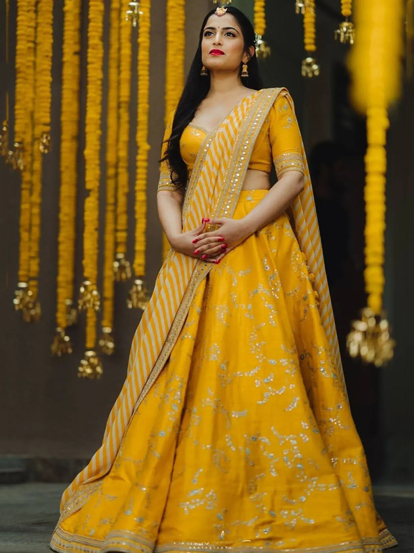 Tulsi Art Yellow Embroidery Mulberry Silk Wedding Lehenga Choli