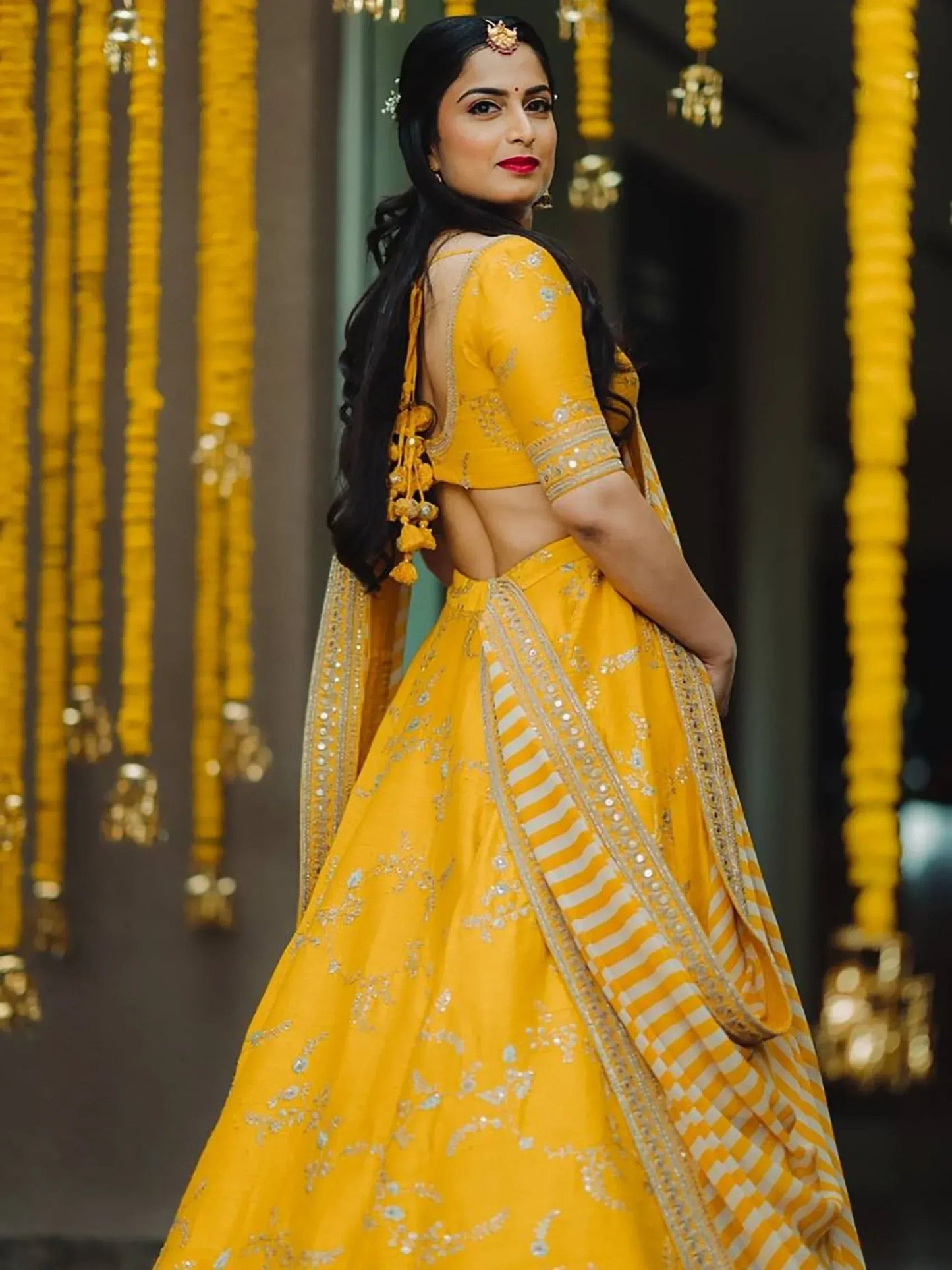 Tulsi Art Yellow Embroidery Mulberry Silk Wedding Lehenga Choli
