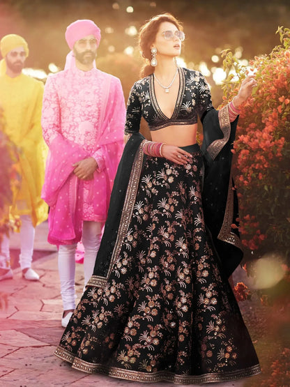 Tulsi Art Black Embroidery Thai Silk Bridal Lehenga Choli