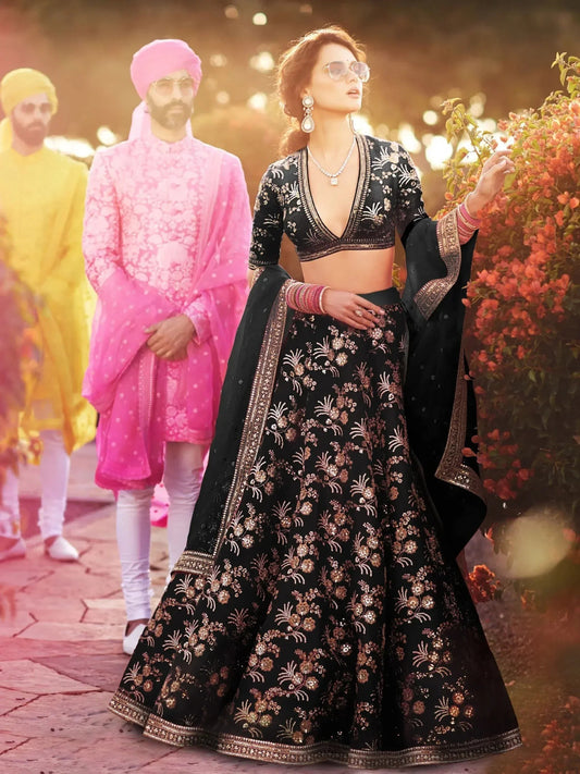 Tulsi Art Black Embroidery Thai Silk Bridal Lehenga Choli