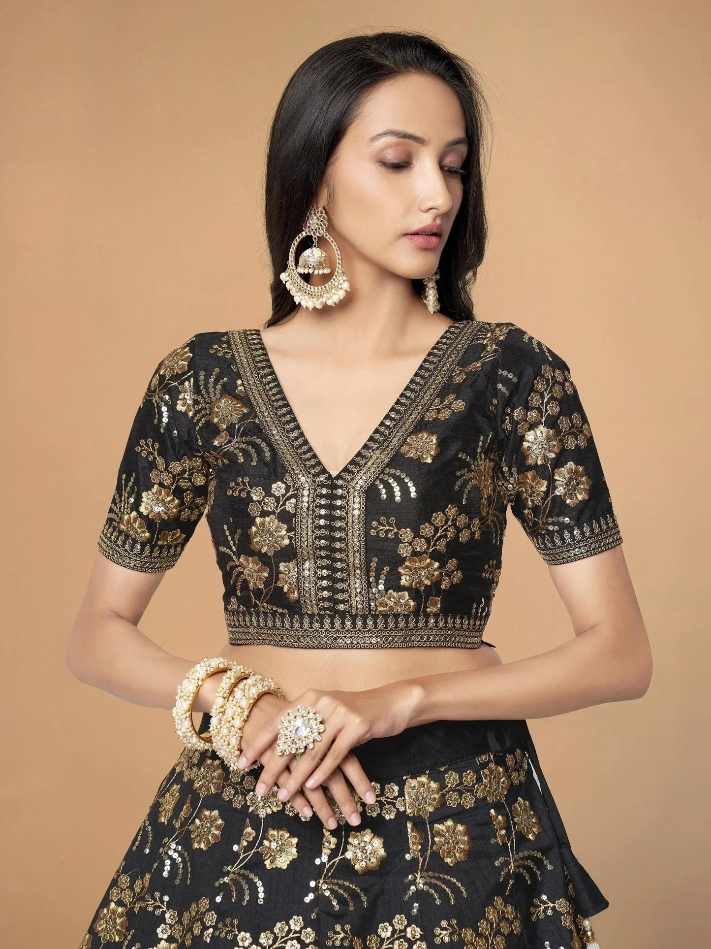 Tulsi Art Black Embroidery Thai Silk Bridal Lehenga Choli