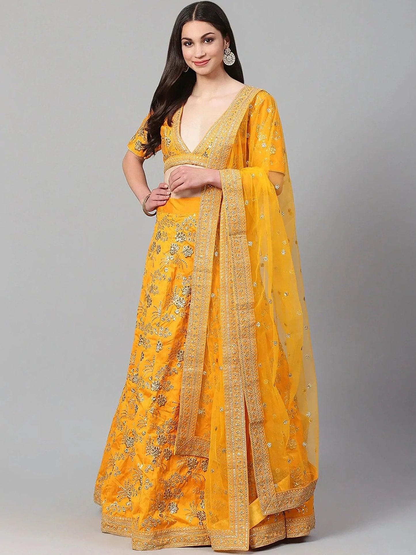 Tulsi Art Yellow Embroidery Thai Silk Bridal Lehenga Choli