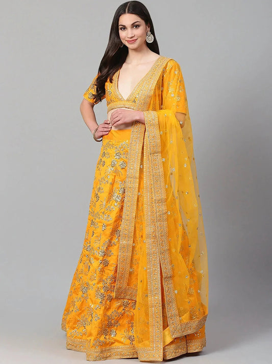 Tulsi Art Yellow Embroidery Thai Silk Bridal Lehenga Choli