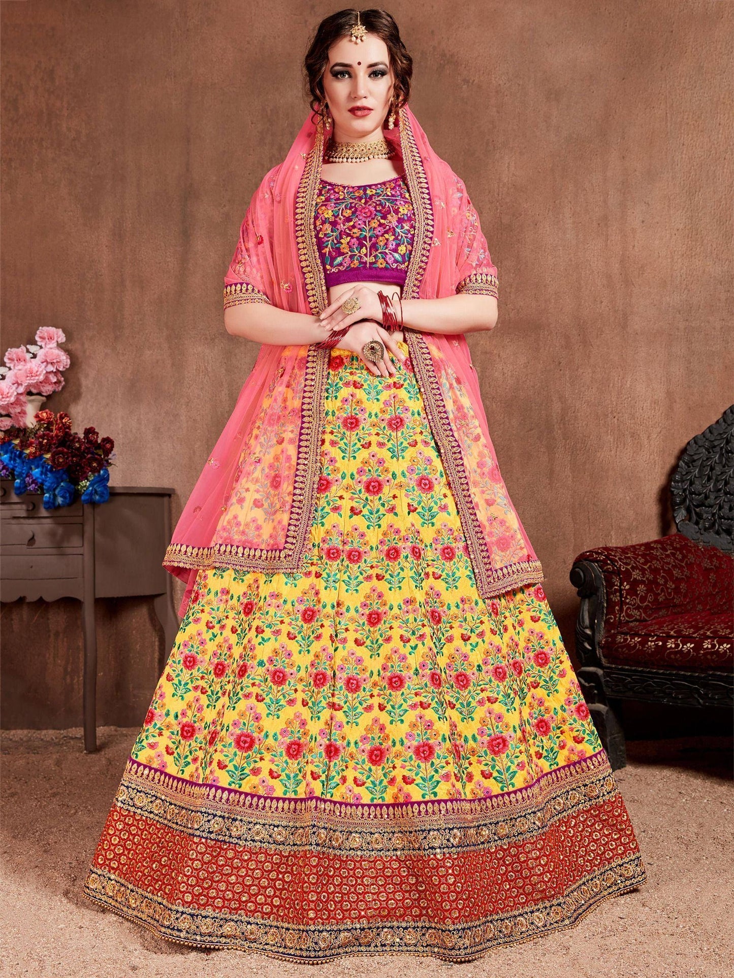 Tulsi Art Yellow Heavy Embroidered Silk Wedding Lehenga Choli