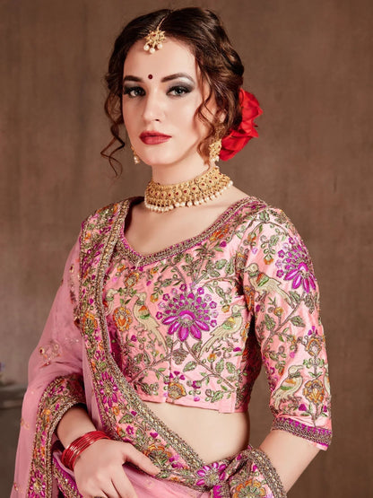 Tulsi Art Peach Embroidered Taffeta Silk Bridal Wear Lehenga Choli
