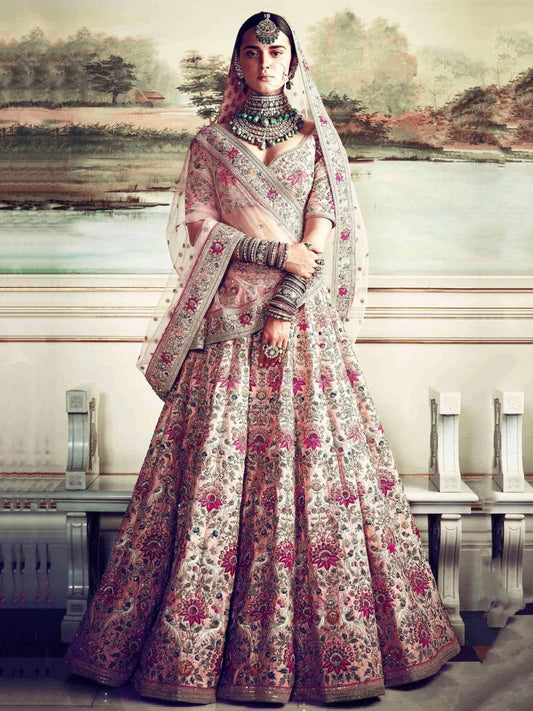 Tulsi Art Peach Embroidered Taffeta Silk Bridal Wear Lehenga Choli