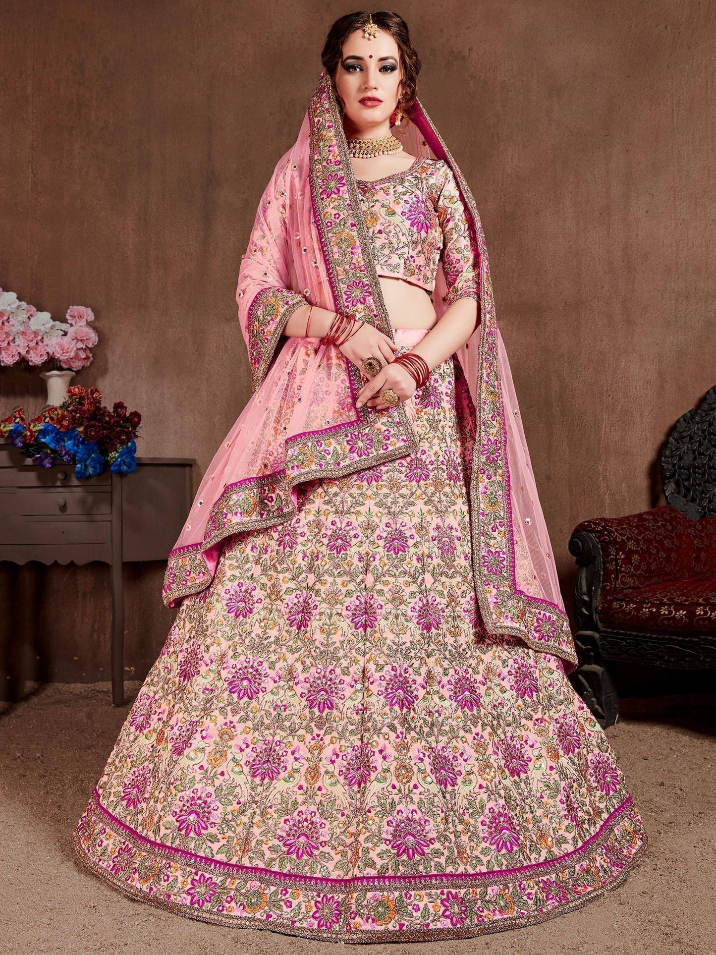 Tulsi Art Peach Embroidered Taffeta Silk Bridal Wear Lehenga Choli