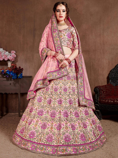 Tulsi Art Peach Embroidered Taffeta Silk Bridal Wear Lehenga Choli