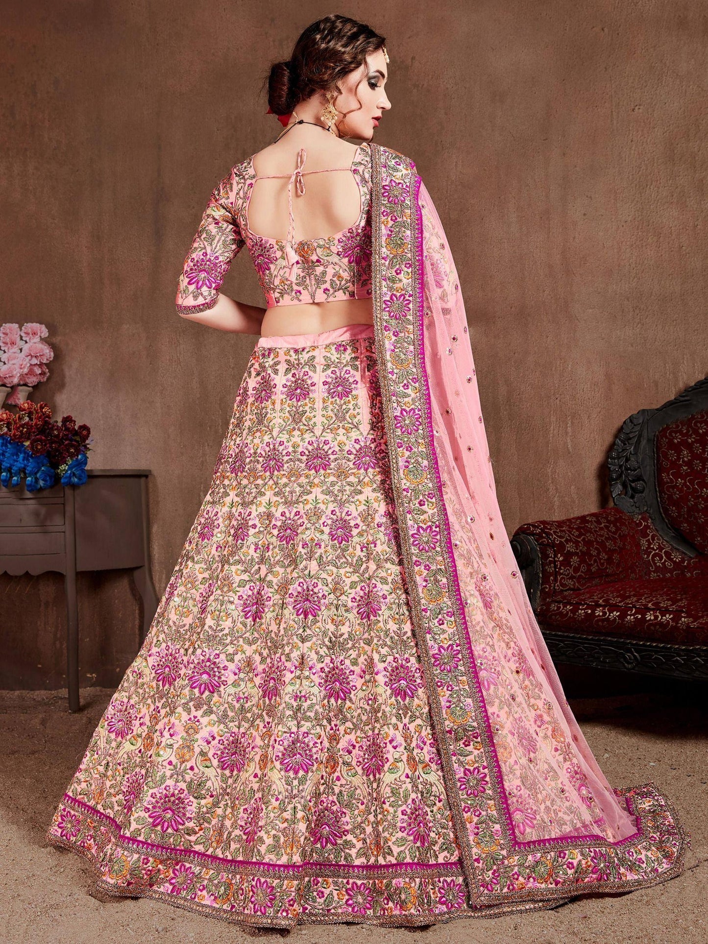 Tulsi Art Peach Embroidered Taffeta Silk Bridal Wear Lehenga Choli