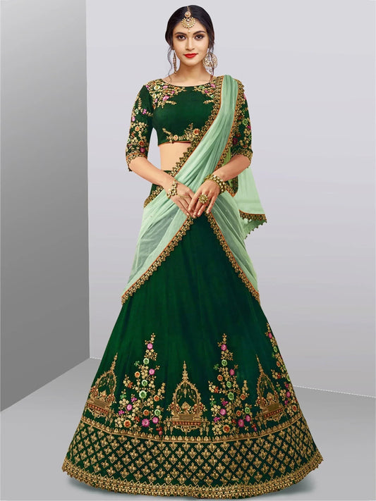 Tulsi Art Dark Green Embroidered Taffeta Silk Bridal Lehenga Choli