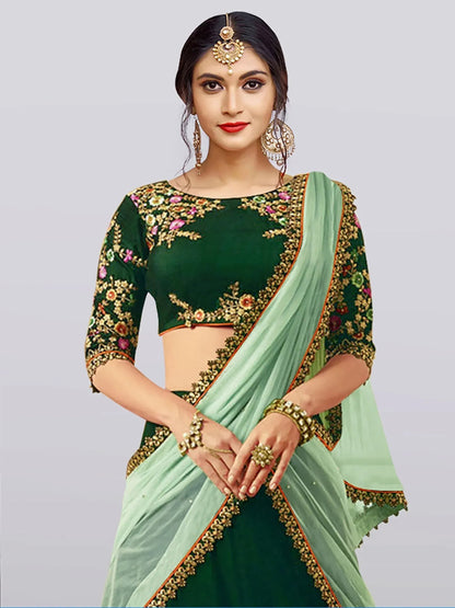 Tulsi Art Dark Green Embroidered Taffeta Silk Bridal Lehenga Choli