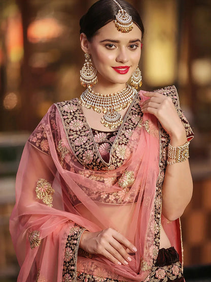 Tulsi Art Maroon Embroidered Pure Velvet Bridal Wedding Lehenga Choli For Women