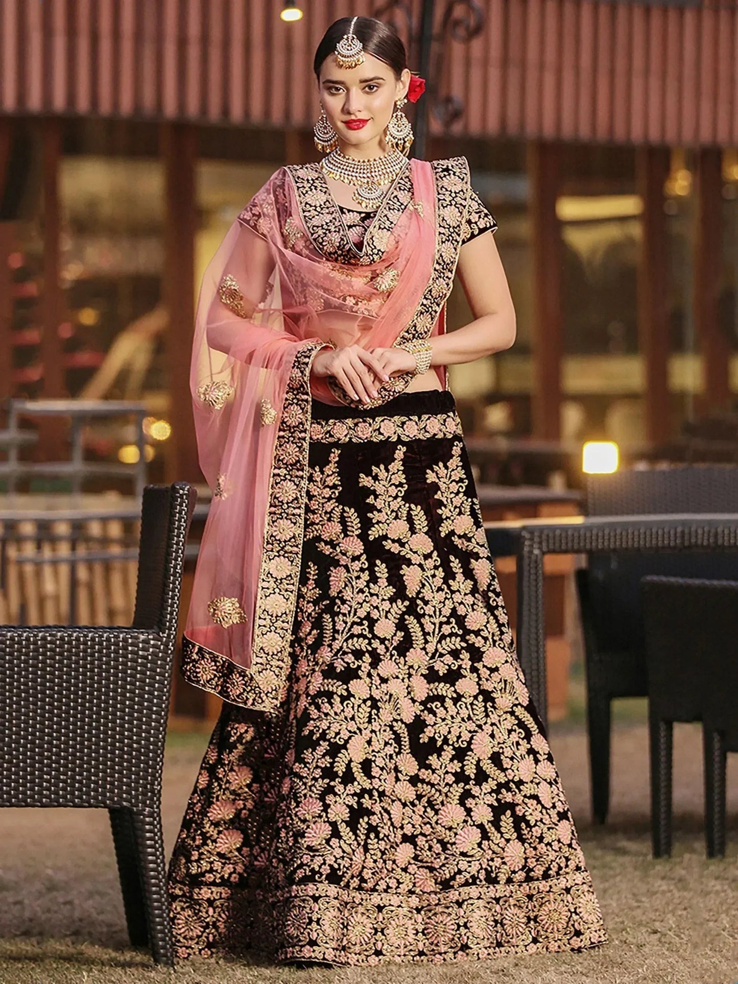 Tulsi Art Maroon Embroidered Pure Velvet Bridal Wedding Lehenga Choli For Women