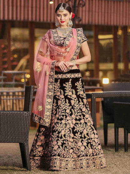 Tulsi Art Maroon Embroidered Pure Velvet Bridal Wedding Lehenga Choli For Women